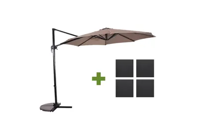 Grote Zweefparasol Libra Taupe 3m met steen-beton tegels parasolvoet