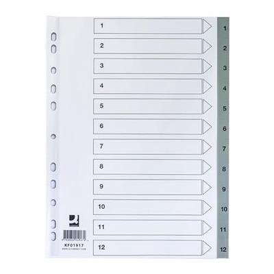 Q-CONNECT tabbladen, A4, PP, 11-gaatsperforatie, met indexblad, set van 1-12, grijs Q-CONNECT tabbladen, A4, PP, 11-gaatsperforatie, met indexblad, set van 1-12, grijs