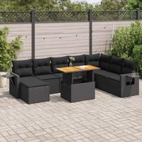 9-delige Loungeset met kussens poly rattan zwart - thumbnail