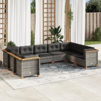 9-delige Loungeset met kussens poly rattan grijs - thumbnail