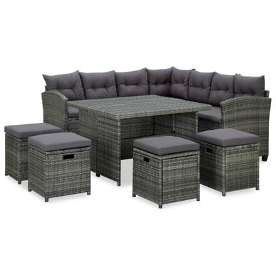 6-delige Loungeset met kussens poly rattan grijs