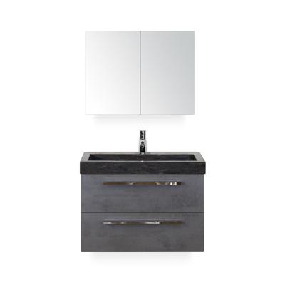 Seville Badmeubelset 80 cm - Beton Antraciet - Wastafel Hardsteen Wit Lucca - met Spiegelkast