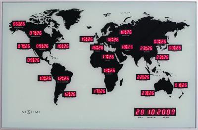 Wandklok - 55 x 36 x 4 cm - Glas - Aluminium - Wereldklok - 'World Time Digit' Wandklok - 55 x 36 x 4 cm - Glas - Aluminium - Wereldklok - 'World Time Digit'