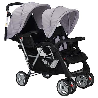 VidaXL Kinderwagen dubbel staal grijs en zwart - thumbnail