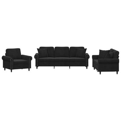 3-delige Loungeset met kussens fluweel zwart - thumbnail