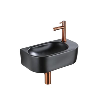 QeramiQ Fuente Fonteinset - 40x21.5x12cm - rechts - glad - halfrond - 1 kraangat - keramiek - fonteinkraan geborsteld koper - afvoerplug - verlaagd sifon - zwart mat SW1209552/SW799405/SW799403/SW970033