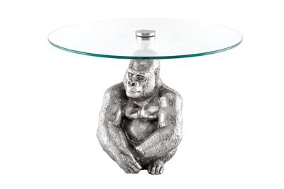 Ronde salontafel WILDLIFE KONG 60cm zilver metaal glazen aap beeldje gorilla sculptuur handgemaakt - 45435