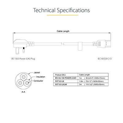 Voedingskabel Startech PXT101UK3M