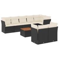 9-delige Loungeset met kussens poly rattan zwart - thumbnail