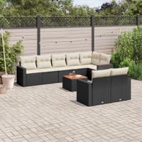 9-delige Loungeset met kussens poly rattan zwart - thumbnail