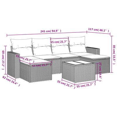 6-delige Loungeset met kussens poly rattan bruin