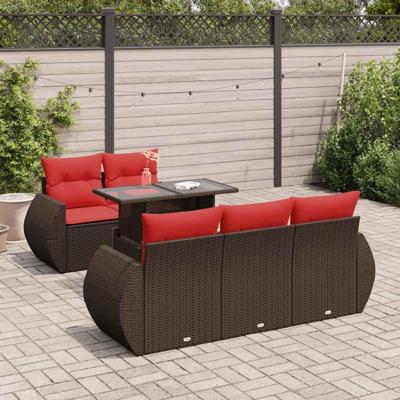 6-delige Loungeset met kussens poly rattan acacia bruin