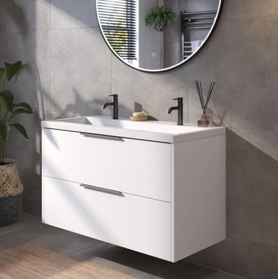 Saqu Lima badmeubel incl. glans witte wastafel met 2 kraangaten 100x52x64cm glans wit - geborsteld zwarte greep