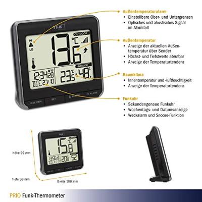 TFA Dostmann PRIO Draadloze thermometer digitaal Zwart, Wit