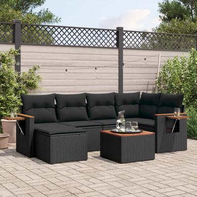 6-delige Loungeset met kussens poly rattan zwart