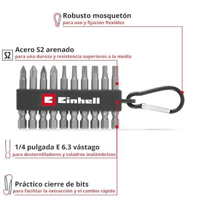 Einhell Karabiner Bit Set 10tlg 118623 Bitset 1/4 (6.3 mm), PH, PZ, Torx, Zeskant