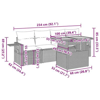 5-delige Loungeset met kussens poly rattan beige