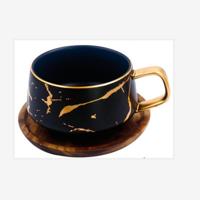 Marmer matte Gold serie keramische Thee beker koffiemok met houten deksel of lade (zwart met lade) - thumbnail