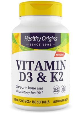 Vitamin D3 & K2, 50mcg/200mcg, 180 Softgels, Healthy Origins