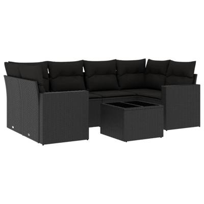 7-delige Loungeset met kussens poly rattan zwart - thumbnail