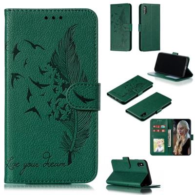 Feather patroon Litchi textuur horizontale Flip lederen draagtas met portemonnee & houder & kaartsleuven voor iPhone XS Max (groen)