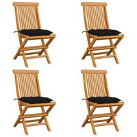 Tuinstoelen 4 st met zwarte kussens massief teakhout - thumbnail