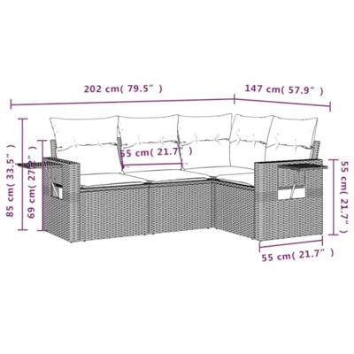 4-delige Loungeset met kussens poly rattan zwart