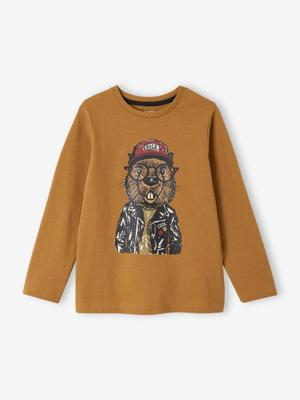 Oeko-Tex® fun T-shirt met lange mouwen en kattenmotief voor jongens karamel
