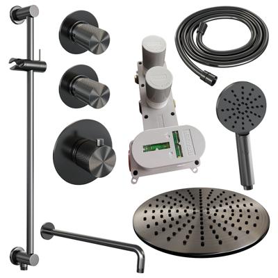 Gunmetal Carving thermostatische regendoucheset met gebogen muurarm, 30 cm douchekop, 3-standen handdouche en glijstang gunmetal geborsteld PVD
