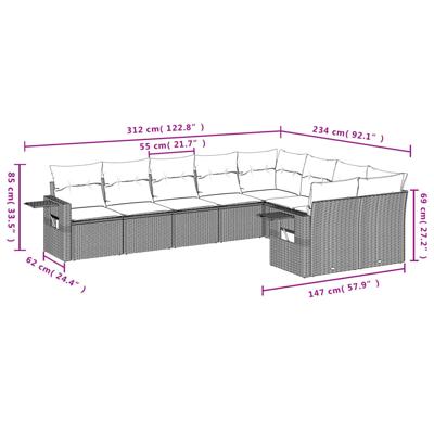 9-delige Loungeset met kussens poly rattan grijs - thumbnail