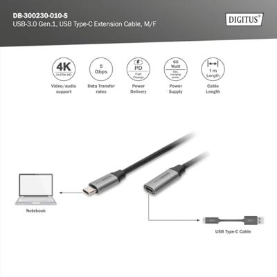 Digitus DB-300230-010-S USB-kabel USB 3.2 Gen1 (USB 3.0 / USB 3.1 Gen1) USB-C, USB-C bus, USB-C stekker 1.00 m Zwart Flexibel, Afgeschermd, Met USB