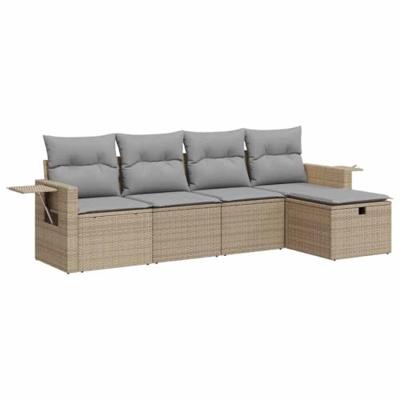 5-delige Loungeset met kussens poly rattan beige