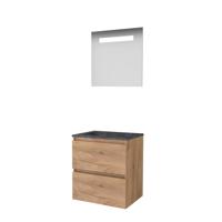 Basic-Line Economic 46 Badkamermeubelset - 60 x 46 cm - Greeploos - 2 Lades - Hardstenen Wastafel - 1 Kraangat - Spiegel met LED Verlichting - Whisky Oak - thumbnail