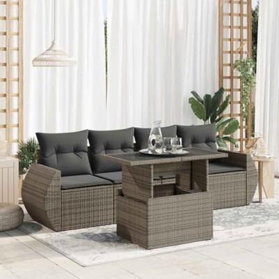 5-delige Loungeset met kussens poly rattan grijs