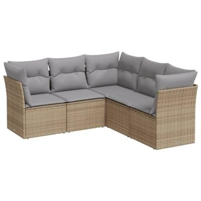 5-delige Loungeset met kussens poly rattan beige