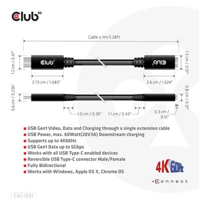 Club 3D usb-c gen 1 verlengkabel (zwart, 1 meter, 5 gbp/s, 60 watt)