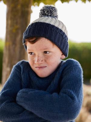 Set jongens muts + snood + handschoenen in colorblock nachtblauw