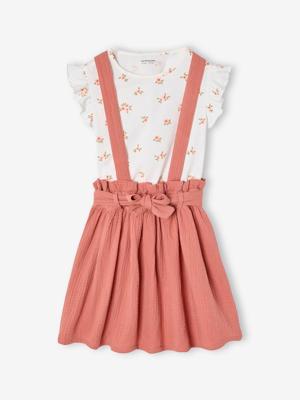 Set meisjesshirt met strepen + rok van katoengaas oudroze Set meisjesshirt met strepen + rok van katoengaas oudroze