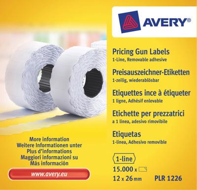 Avery PLR1226 etiketten voor prijstang afneembaar, ft 12 x 26 mm, 15 000 etiketten, wit