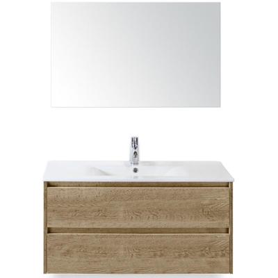 Dante Badmeubelset 100 cm - Natuur Eiken - Keramische Wastafel Wit Enjoy met Spiegel