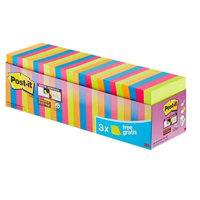 Post-it super Sticky notes, 90 vel, ft 76 x 76 mm, geassorteerde kleuren, pak van 21 blokken + 3 gratis Post-it super Sticky notes, 90 vel, ft 76 x 76 mm, geassorteerde kleuren, pak van 21 blokken + 3 gratis