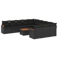 12-delige Loungeset met kussens poly rattan zwart - thumbnail