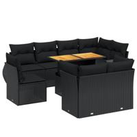 9-delige Loungeset met kussens poly rattan zwart - thumbnail