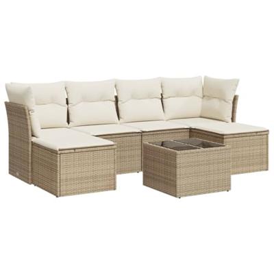 7-delige Loungeset met kussens poly rattan beige