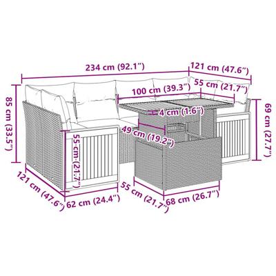 7-delige Loungeset met kussens poly rattan grijs