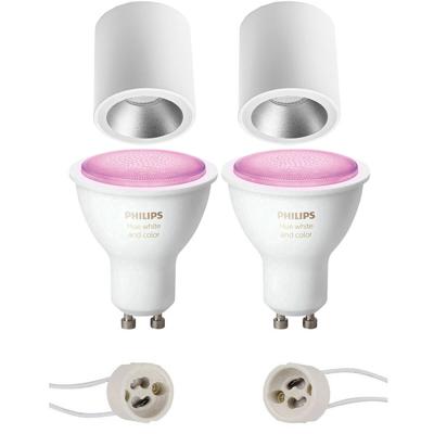 Pragmi Cliron Pro - Opbouw Rond - Mat Wit/Zilver - Verdiept - Ø90mm - Philips Hue - Opbouwspot Set GU10 - White and Color Ambiance - Bluetooth