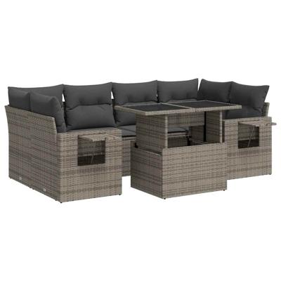 7-delige Loungeset met kussens poly rattan grijs