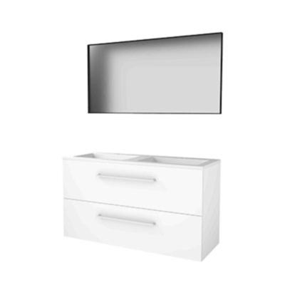 Basic-Line Framed 46 Badkamermeubelset - 120 x 46 cm - Met Grepen - 2 Lades - Acryl Wastafel - Zonder Kraangat - Spiegel met Zwart Aluminium Frame - Ice White