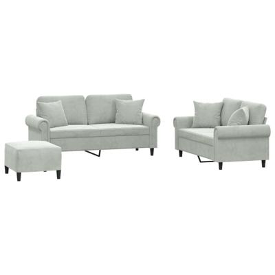 3-delige Loungeset met kussens fluweel lichtgrijs