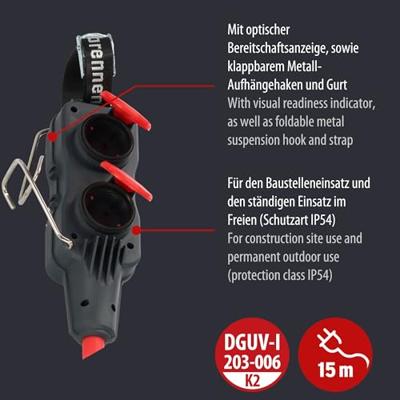 Brennenstuhl Professional Powerblock met verlengkabel | PB 1100 | IP54 | 4-voudig | 15m | zwart | H07RN-F 3G1.5 - 9161150161